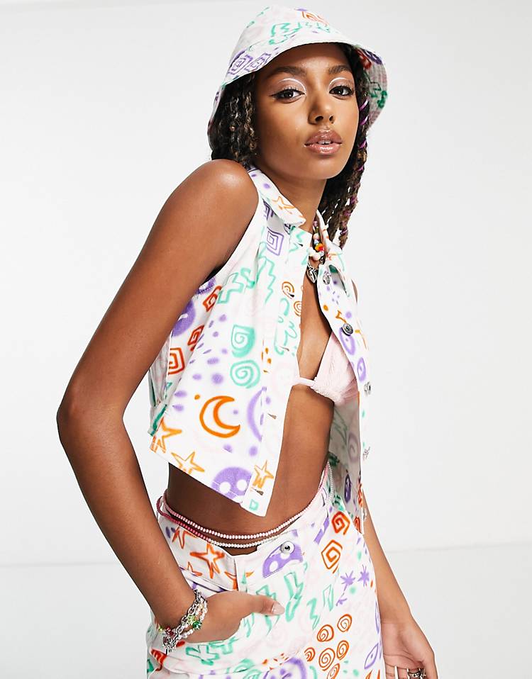 COLLUSION twill abstract print crop top in multi